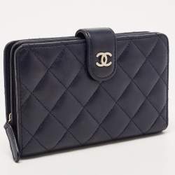 Pre Owned Chanel Navy Blue Quilted Leather CC French Wallet