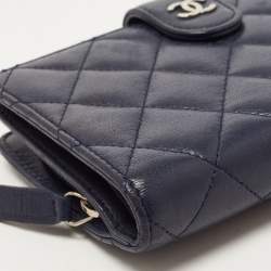 Pre Owned Chanel Navy Blue Quilted Leather CC French Wallet