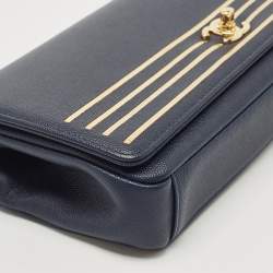 Pre Owned Chanel Navy Blue Caviar Leather Captain Gold Clutch