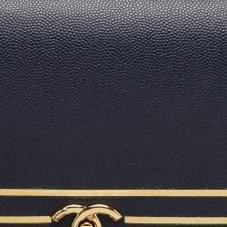 Pre Owned Chanel Navy Blue Caviar Leather Captain Gold Clutch