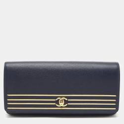 Pre Owned Chanel Navy Blue Caviar Leather Captain Gold Clutch