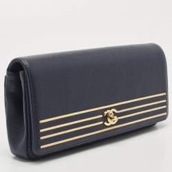 Pre Owned Chanel Navy Blue Caviar Leather Captain Gold Clutch