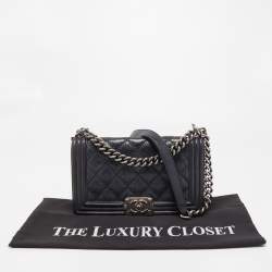Pre Owned Chanel Navy Blue Quilted Wild Stitched Leather Medium Boy Bag