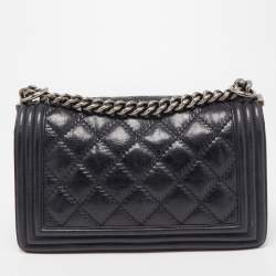 Pre Owned Chanel Navy Blue Quilted Wild Stitched Leather Medium Boy Bag