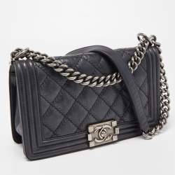 Pre Owned Chanel Navy Blue Quilted Wild Stitched Leather Medium Boy Bag
