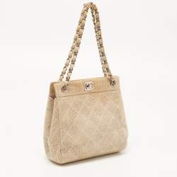 Pre Owned Chanel Metallic Beige Quilted Canvas Mini Classic Chain Tote
