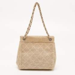 Pre Owned Chanel Metallic Beige Quilted Canvas Mini Classic Chain Tote