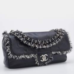 Pre Owned Chanel Grey Leather Funny Tweed Flap Shoulder Bag