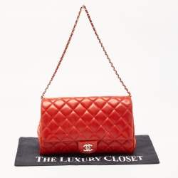Pre Owned Chanel Red Quilted Leather Classic Flap Shoulder Bag