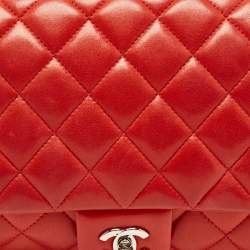 Pre Owned Chanel Red Quilted Leather Classic Flap Shoulder Bag