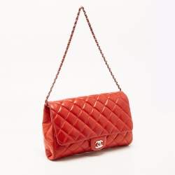 Pre Owned Chanel Red Quilted Leather Classic Flap Shoulder Bag