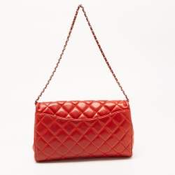 Pre Owned Chanel Red Quilted Leather Classic Flap Shoulder Bag