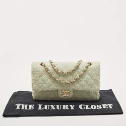 Pre Owned Chanel Light Green Tweed Medium Classic Double Flap Bag