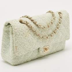 Pre Owned Chanel Light Green Tweed Medium Classic Double Flap Bag