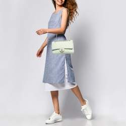 Pre Owned Chanel Light Green Tweed Medium Classic Double Flap Bag