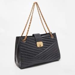 Pre Owned Chanel Black/Beige Chevron Leather Large Gabrielle Accordion Tote