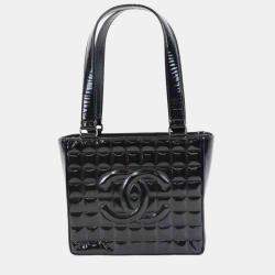Pre Owned Chanel Black Patent Leather Small Chocolate Bar Tote Bag