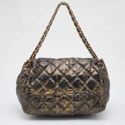 Pre Owned Chanel Black/Gold Quilted Printed Nylon Accordion Flap Bag