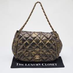Pre Owned Chanel Black/Gold Quilted Printed Nylon Accordion Flap Bag