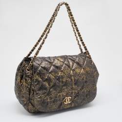 Pre Owned Chanel Black/Gold Quilted Printed Nylon Accordion Flap Bag