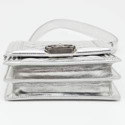 Pre Owned Chanel Silver Quilted Leather North South Boy Flap Bag