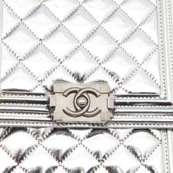 Pre Owned Chanel Silver Quilted Leather North South Boy Flap Bag