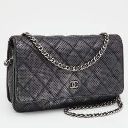 Pre Owned Chanel Black/Silver Quilted Perforated Leather Classic Wallet on Chain