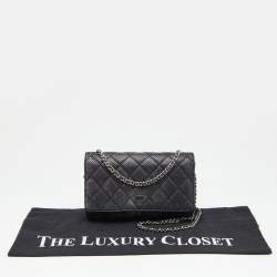 Pre Owned Chanel Black/Silver Quilted Perforated Leather Classic Wallet on Chain