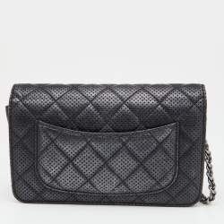 Pre Owned Chanel Black/Silver Quilted Perforated Leather Classic Wallet on Chain