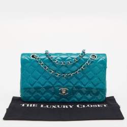 Pre Owned Chanel Blue Quilted Patent Leather Medium Classic Double Flap Bag