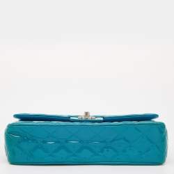 Pre Owned Chanel Blue Quilted Patent Leather Medium Classic Double Flap Bag
