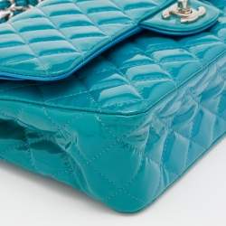 Pre Owned Chanel Blue Quilted Patent Leather Medium Classic Double Flap Bag