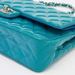 Pre Owned Chanel Blue Quilted Patent Leather Medium Classic Double Flap Bag