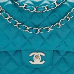 Pre Owned Chanel Blue Quilted Patent Leather Medium Classic Double Flap Bag