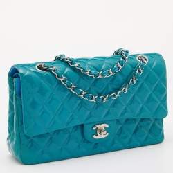 Pre Owned Chanel Blue Quilted Patent Leather Medium Classic Double Flap Bag