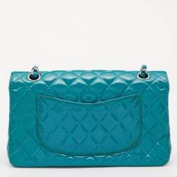 Pre Owned Chanel Blue Quilted Patent Leather Medium Classic Double Flap Bag