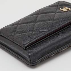 Pre Owned Chanel Black Quilted Caviar Leather Phone Holder Crossbody Bag