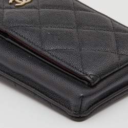 Pre Owned Chanel Black Quilted Caviar Leather Phone Holder Crossbody Bag