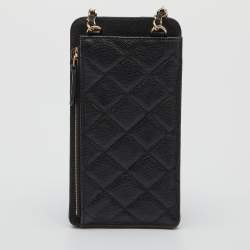Pre Owned Chanel Black Quilted Caviar Leather Phone Holder Crossbody Bag