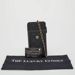 Pre Owned Chanel Black Quilted Caviar Leather Phone Holder Crossbody Bag