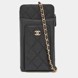 Chanel Black Quilted Caviar Leather Phone Holder Crossbody Bag Chanel