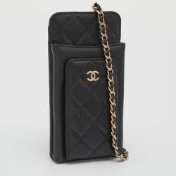 Pre Owned Chanel Black Quilted Caviar Leather Phone Holder Crossbody Bag