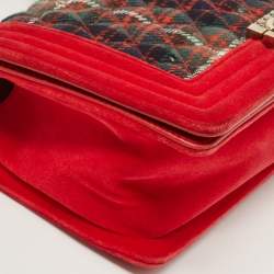 Pre Owned Chanel Red/Green Quilted Tweed and Velvet Medium Boy Flap Bag