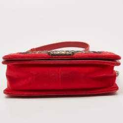 Pre Owned Chanel Red/Green Quilted Tweed and Velvet Medium Boy Flap Bag