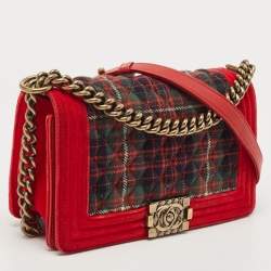 Pre Owned Chanel Red/Green Quilted Tweed and Velvet Medium Boy Flap Bag