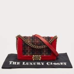 Pre Owned Chanel Red/Green Quilted Tweed and Velvet Medium Boy Flap Bag
