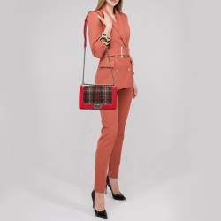 Pre Owned Chanel Red/Green Quilted Tweed and Velvet Medium Boy Flap Bag