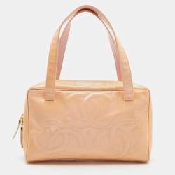 Pre Owned Chanel Peach Patent Leather Triple CC Bag