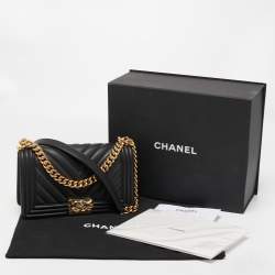 Pre Owned Chanel Black Chevron Leather Medium Boy Flap Bag