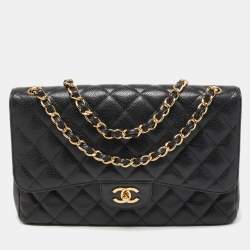 Chanel Black Quilted Caviar Leather Jumbo Classic Double Flap Bag